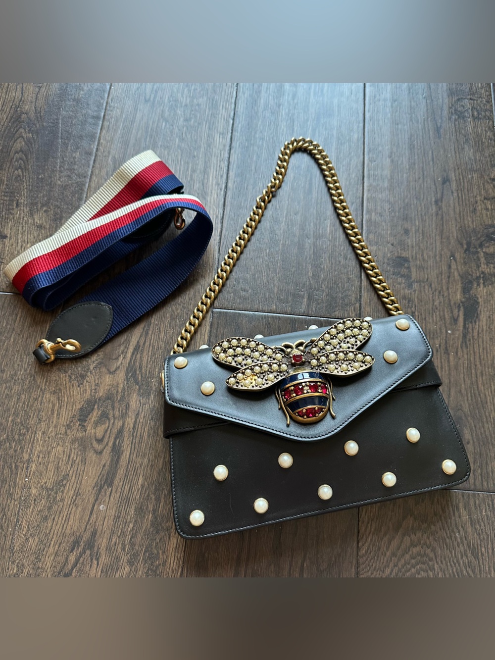 Gucci Queen Margaret Broadway Black Leather Shoulder Bag Pearly Bee